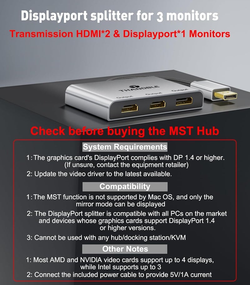 THANDBLE DisplayPort to Dual HDMI with DP Adapter (4K@60Hz) Extended Display 1 in 3 Out MST Hub for Multiple Monitors Compatible for Graphics Card, PC, NVIDIA, AMD - Image 5
